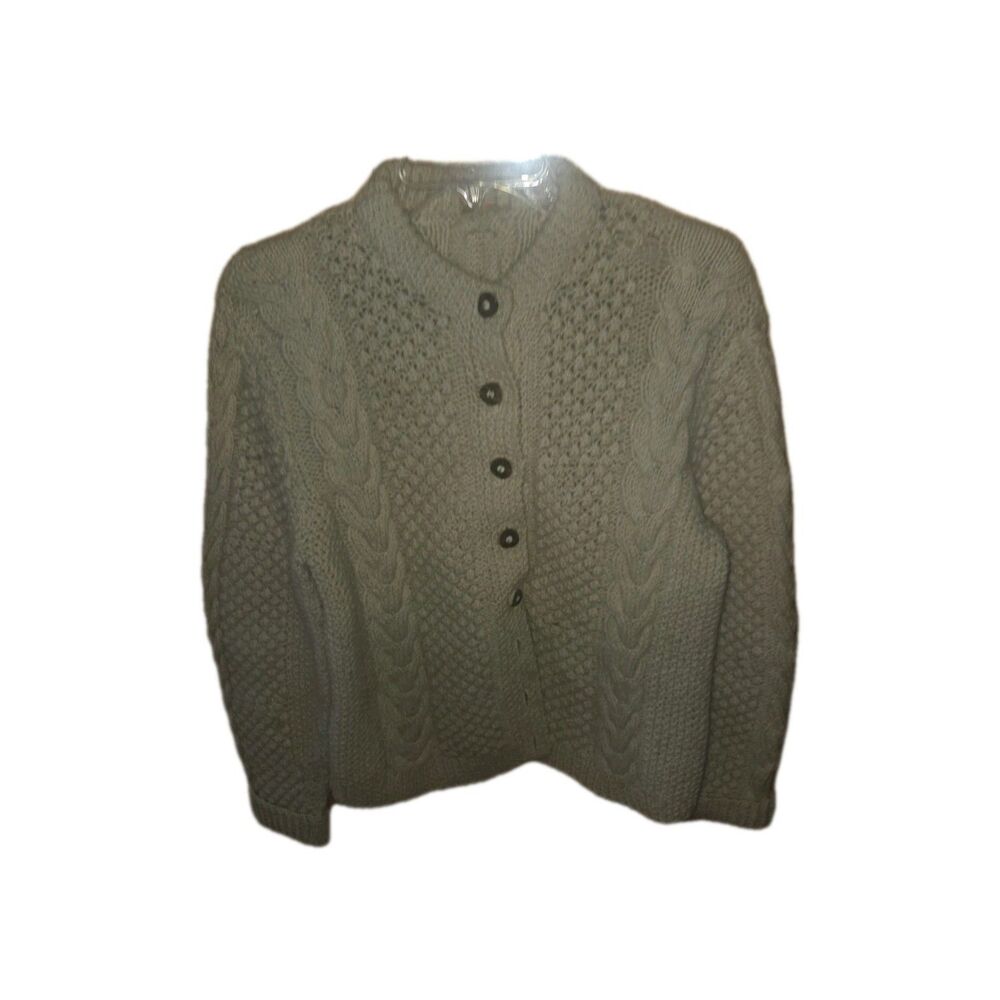 Vtg Pre-1971 Hand Knit Aran Fisherman Cardigan Sweater Wool Ivory Cable Knit
